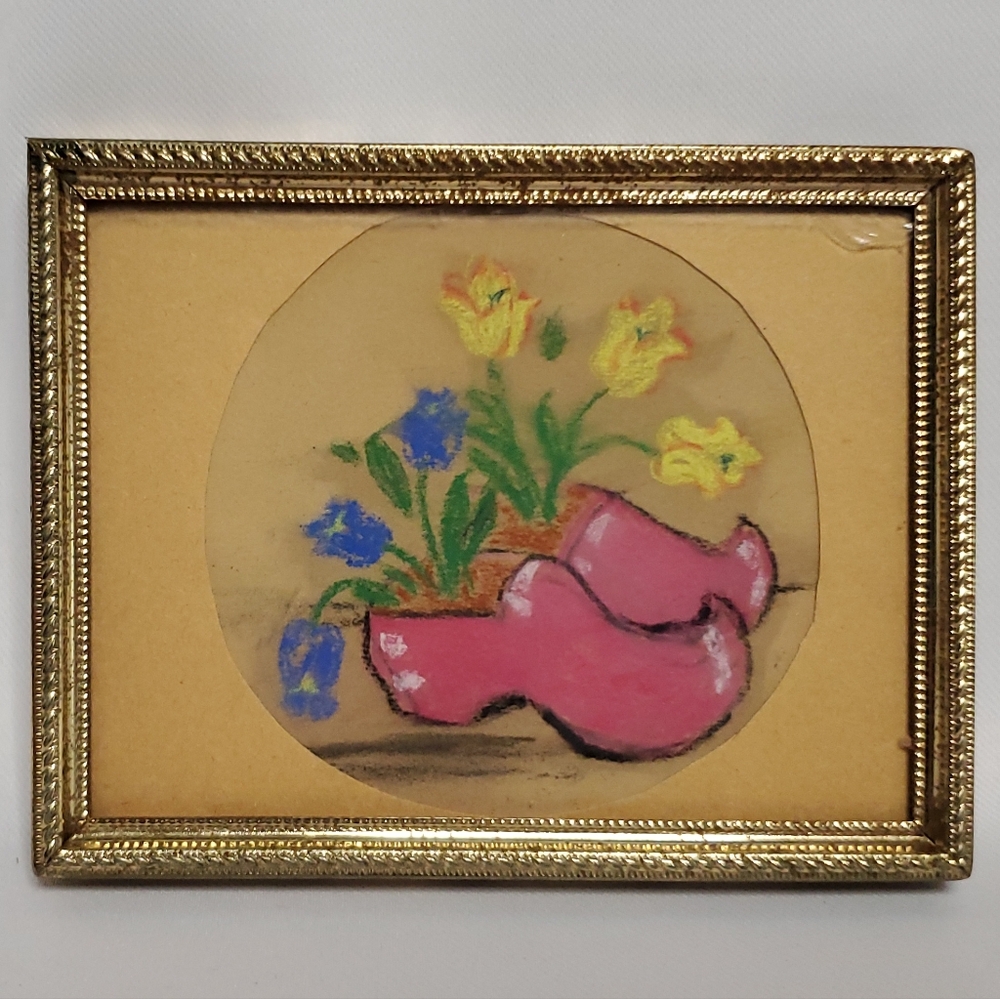 Miniature Chalk Painting Pink Clogs & Daffodils Vtg Frame Gold Tone 3.25x4.5"